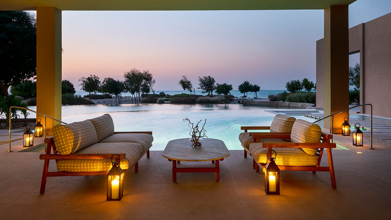 A balcony view from the three-bedroom Qataf Suite at Zulal Serenity