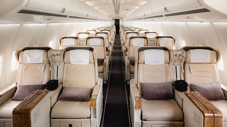 Abercombie & Kent’s private jet is a chartered Boeing 757 featuring 50 first-class, lie-flat seats.