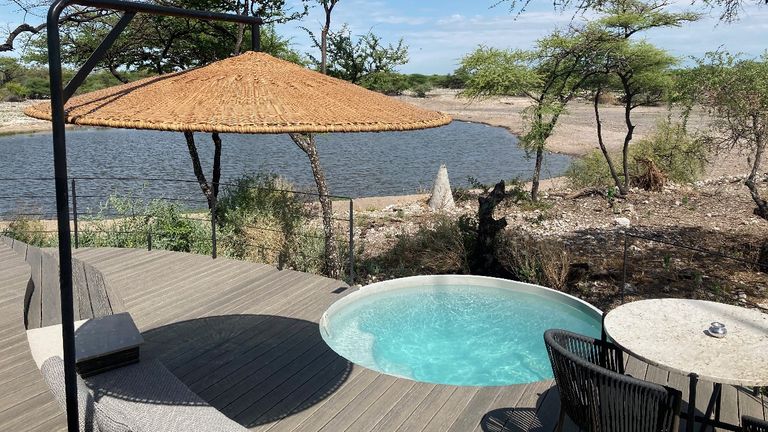 Camp Kala guests have their own private game-viewing deck with a cold plunge pool and wood-fired hot tub.