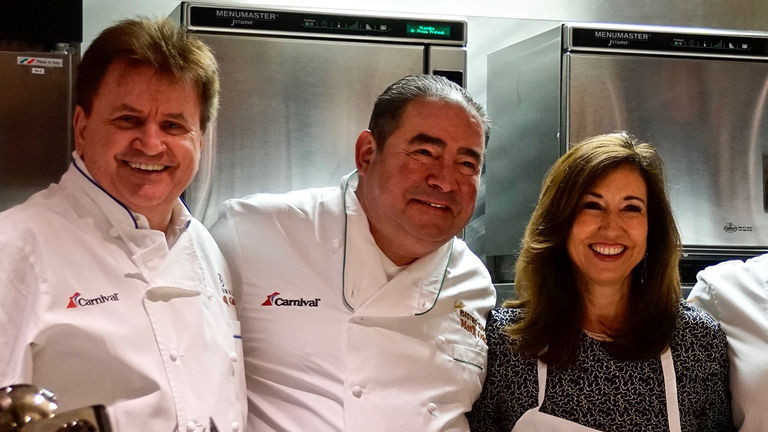 Carnival’s latest celebrity chef partners include Rudi Sodamin (left) and Emeril Lagasse (center).