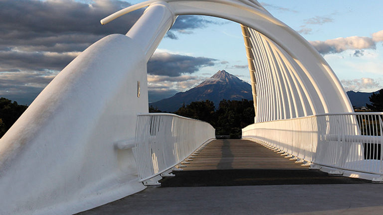 On a clear day, Mount Taranaki can be viewed all around New Plymouth, including from the Te Rewa Rewa Bridge. // © 2018 Rob Tucker